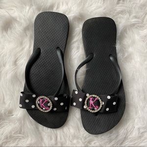 Black Rubber K Initial Monogram Flip Flops
